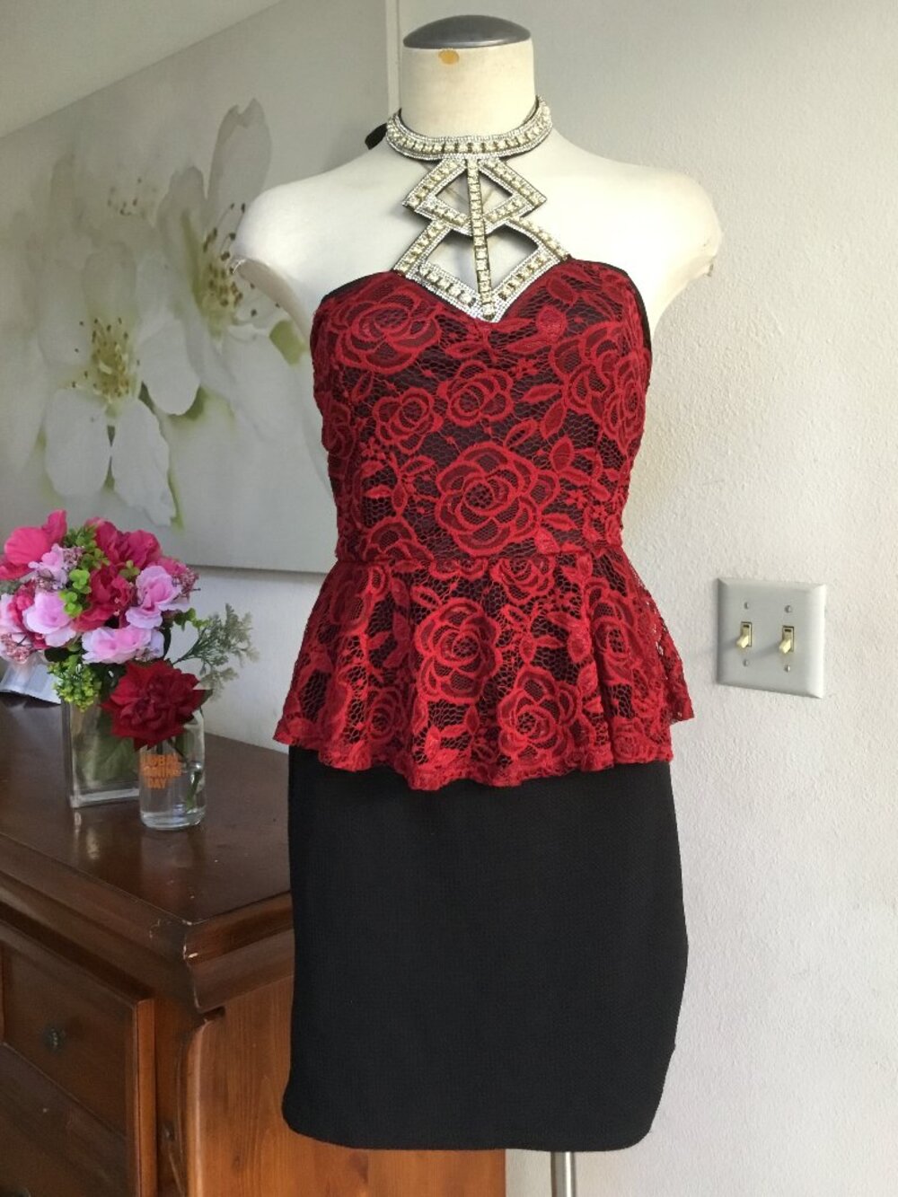 Party Cocktail Laced Bodice Short Dress Necklace Stones Peplum One Piece  L